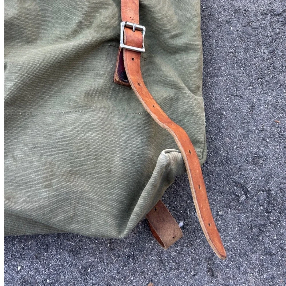 Duluth Pack Vintage Canvas Canoe Pack Rucksack Olive Green Leather Made in USA - Picture 10 of 16